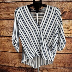 West Kei Navy and White Striped Wrap Blouse